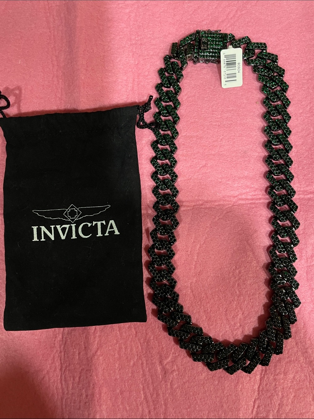Invicta Black and Green Crystal Cuban Link Chain Necklace